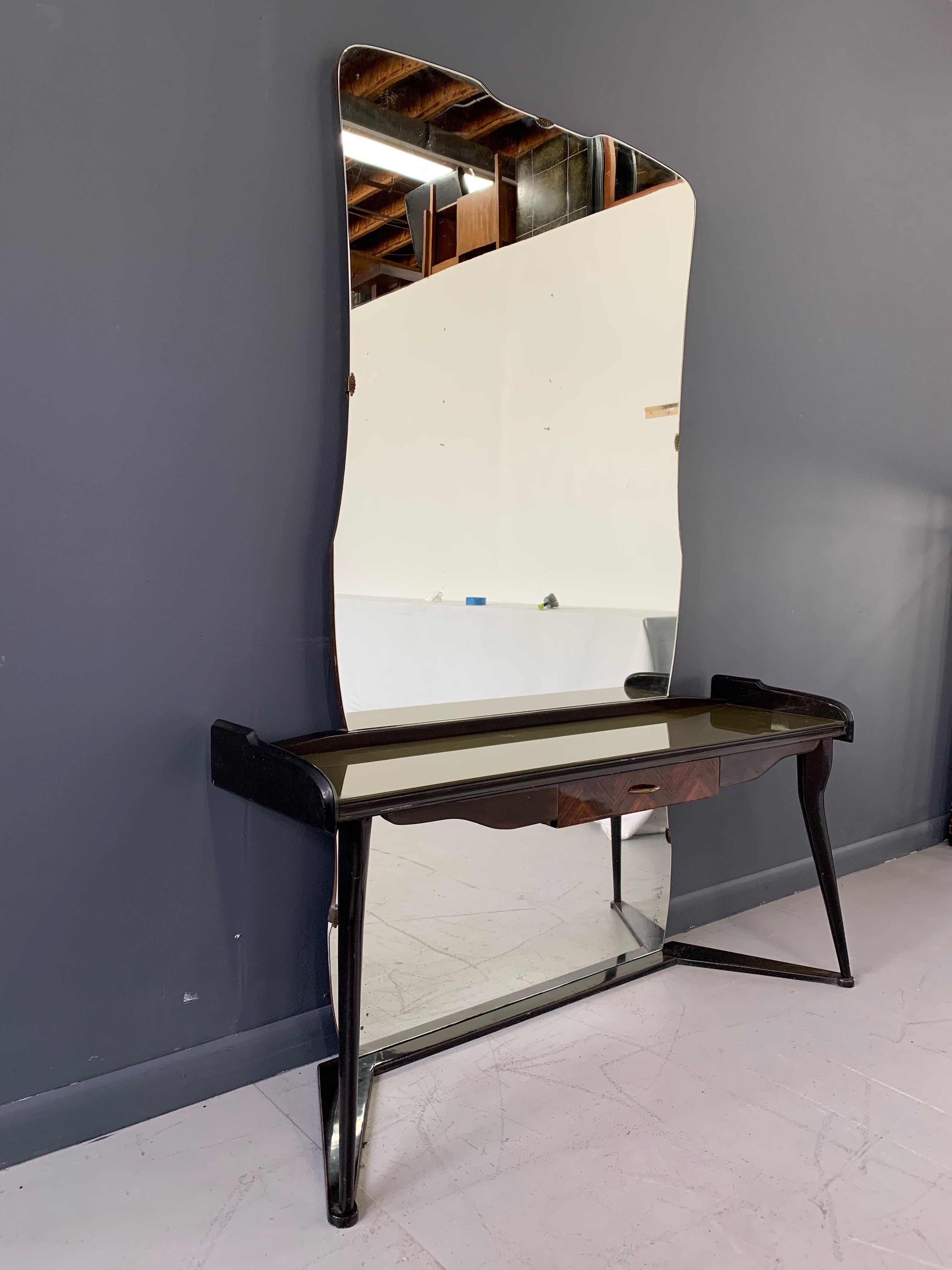 Italian Midcentury Vanity Console Table Cesare Lacca Style with Large Mirror For Sale 1