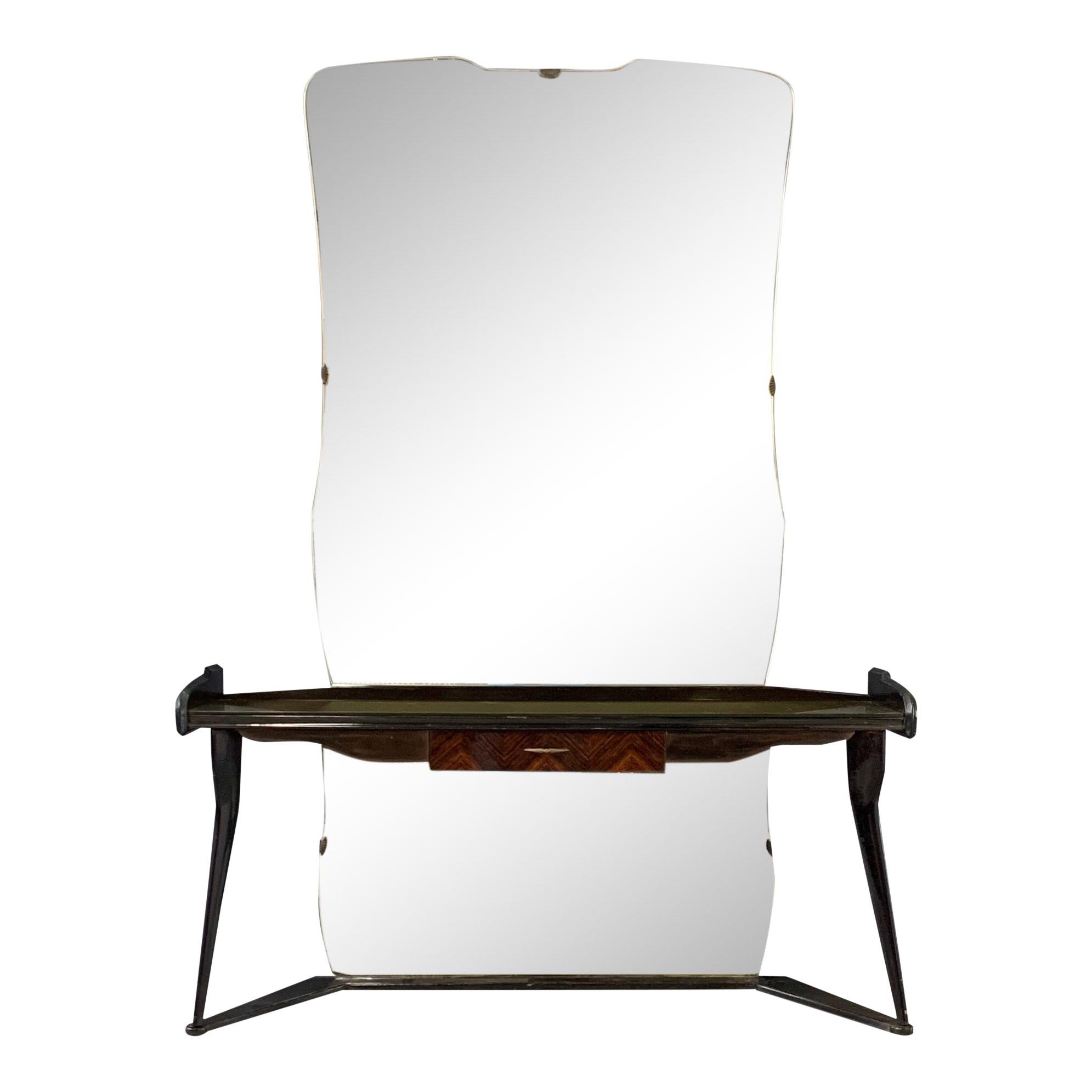 Italian Midcentury Vanity Console Table Cesare Lacca Style with Large Mirror For Sale