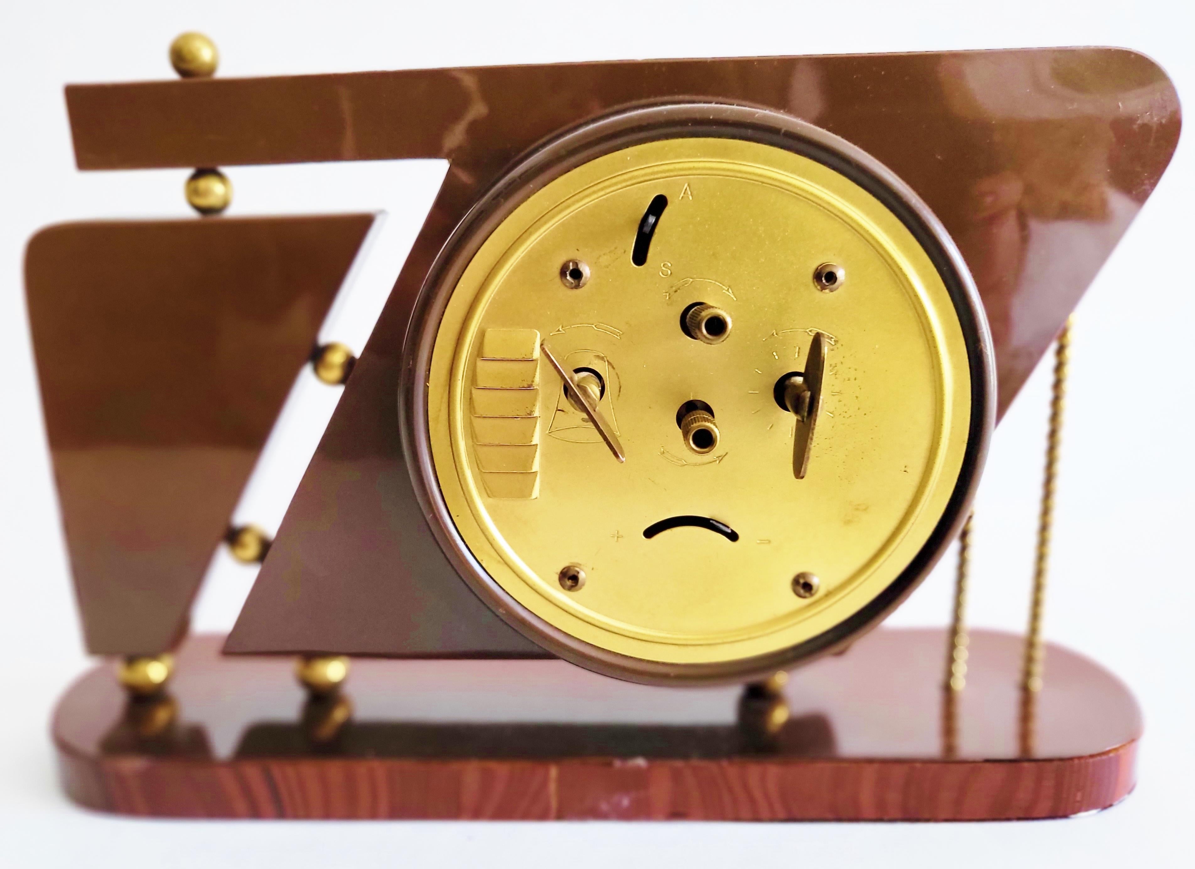 Space Age Italian Mid-Century Veglia Brass & Faux Wood Celluloid Veneer Alarm Clock