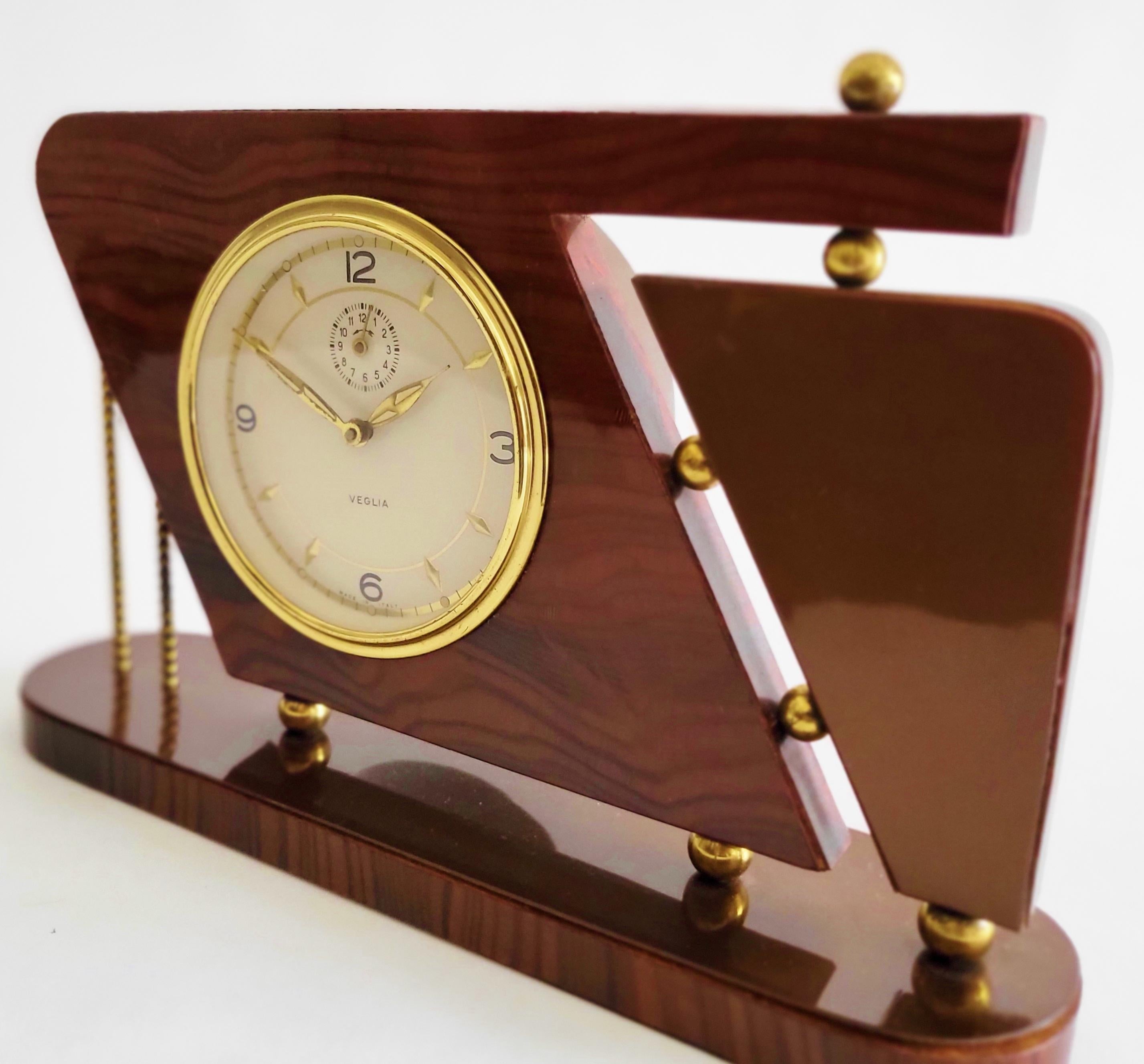 Cast Italian Mid-Century Veglia Brass & Faux Wood Celluloid Veneer Alarm Clock