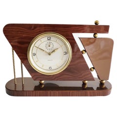 Italian Mid-Century Veglia Brass & Faux Wood Celluloid Veneer Alarm Clock