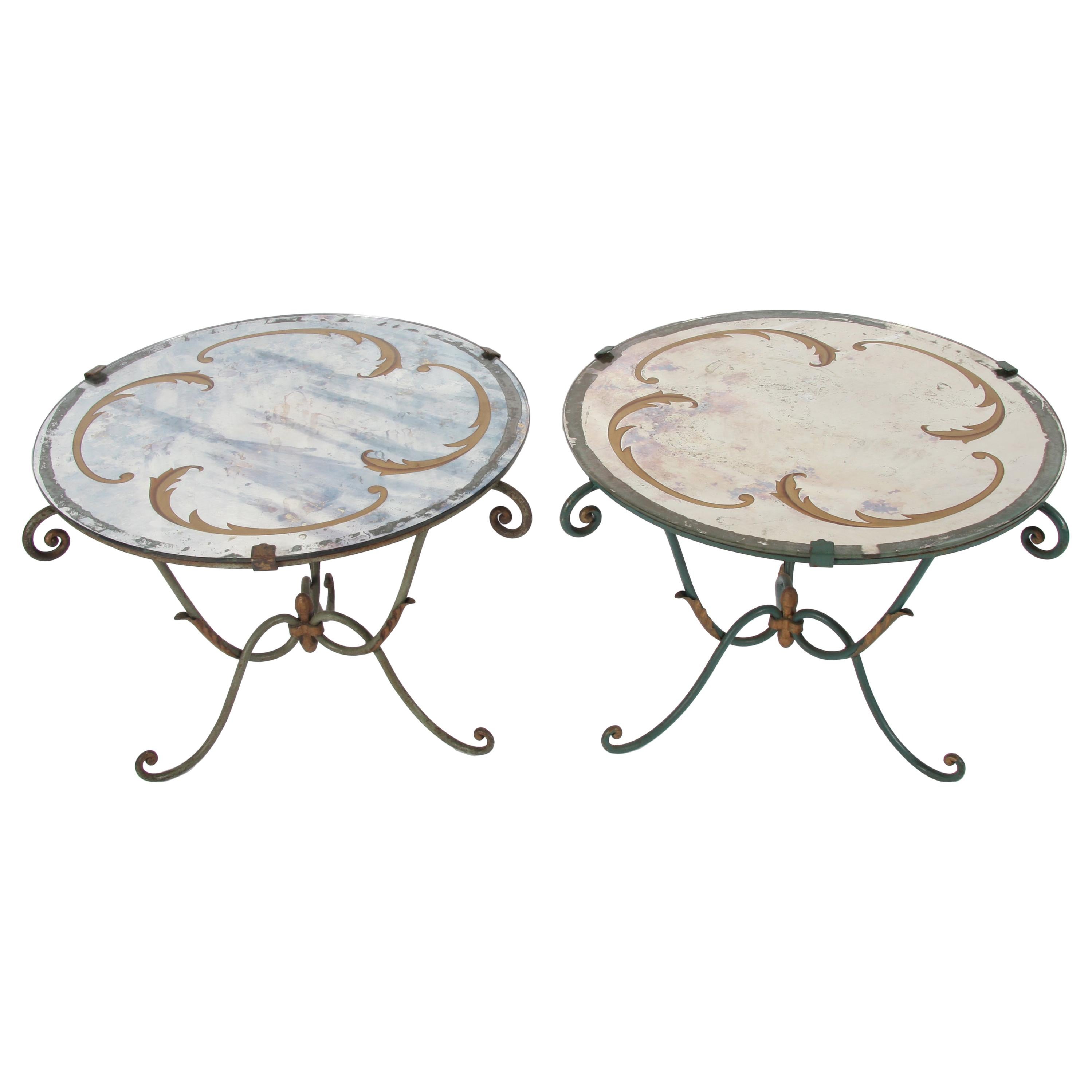 Italian Midcentury Verre Églomisé and Wrought Iron Side Tables For Sale