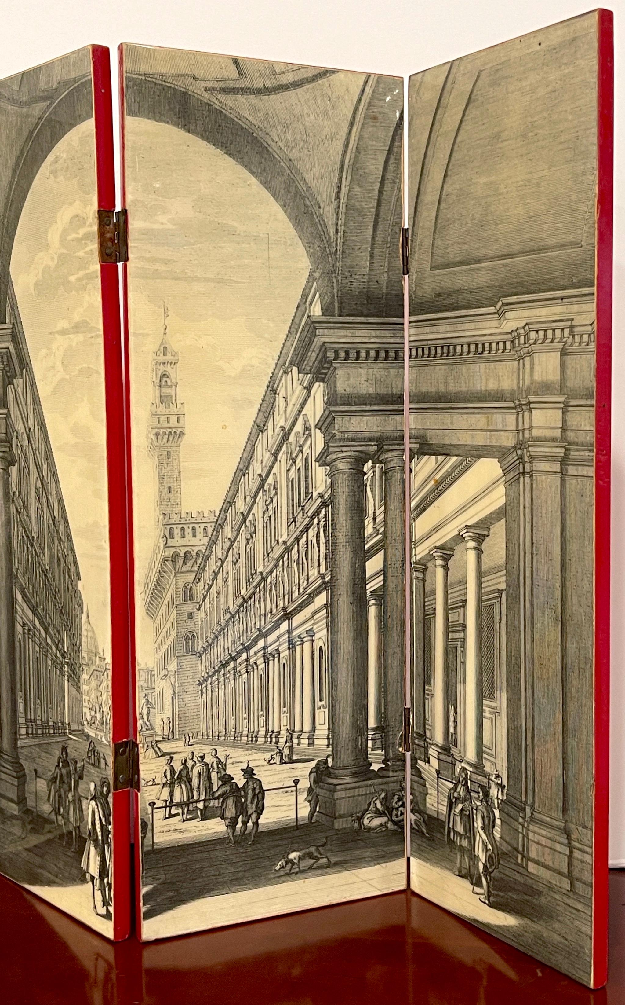 Lacquered Italian Mid Century View of Veduta Degli Ufiz Lacquer/Vellum Table Screen For Sale