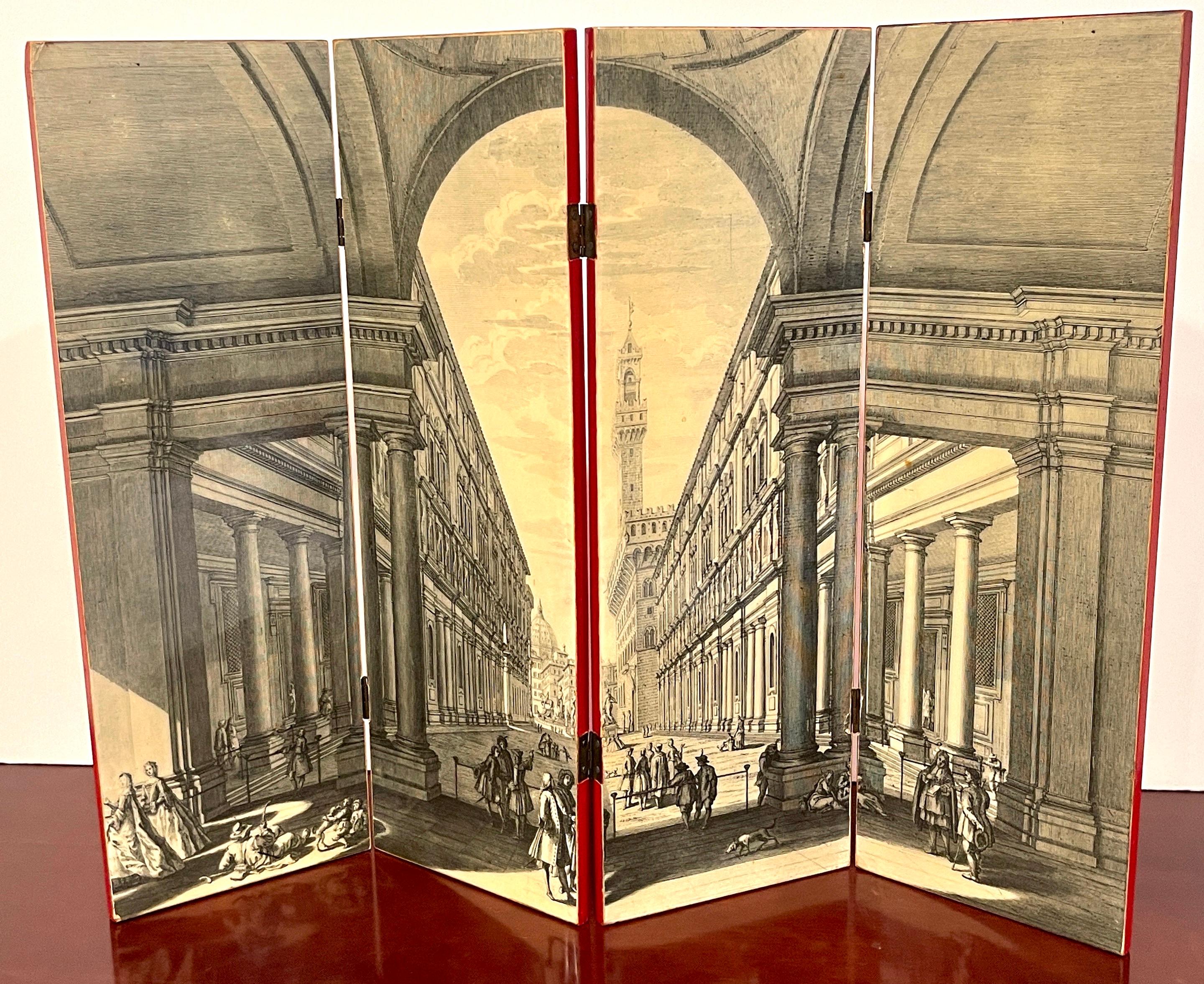 Italian Mid Century View of Veduta Degli Ufiz Lacquer/Vellum Table Screen For Sale 2