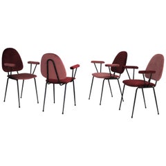 Italian Midcentury Vintage Dining Chairs in Metal and Coral Red Velvet, 1950s