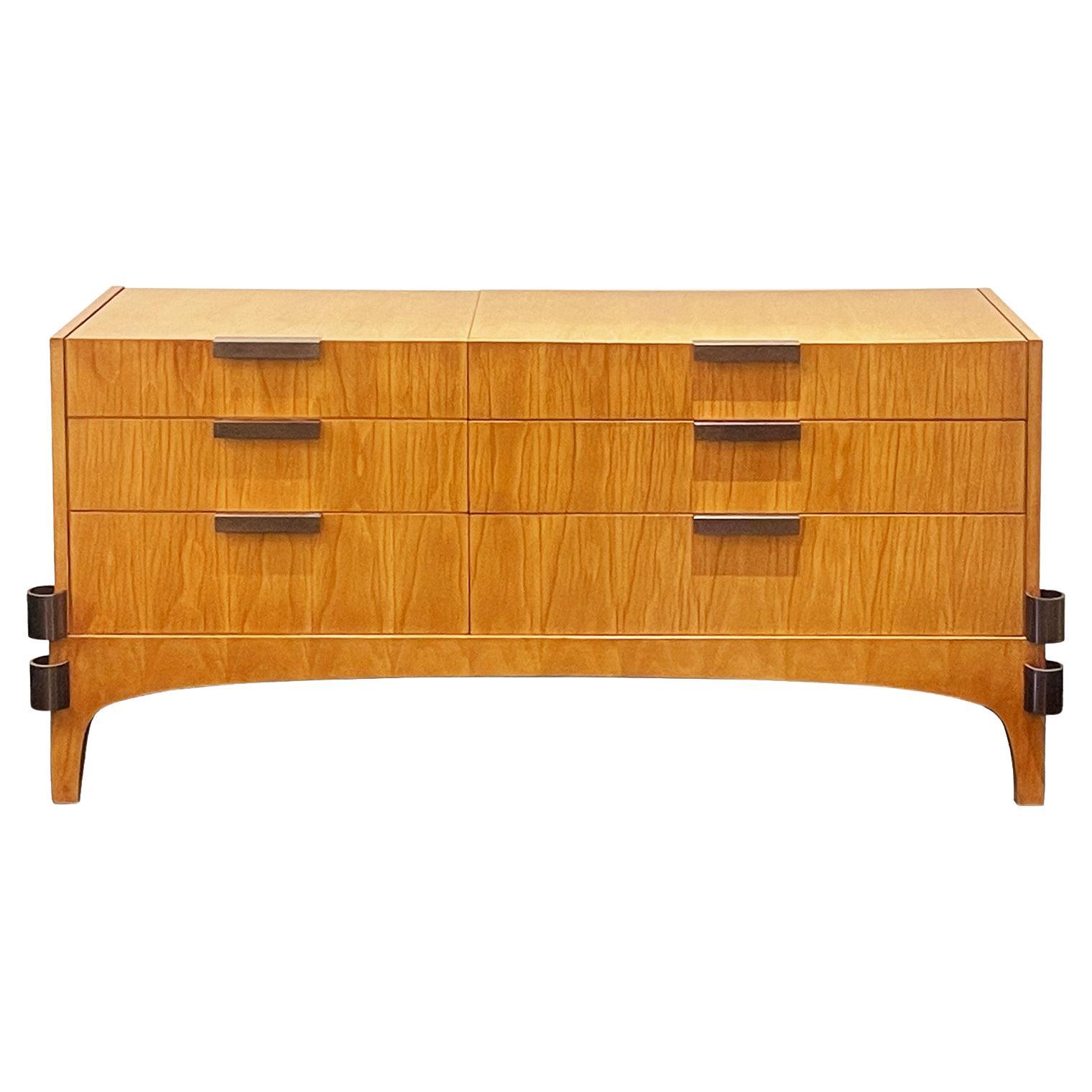 Italian Mid-Century Vintage Chest of Drawers - Fir Wood & Antique Brass Details For Sale
