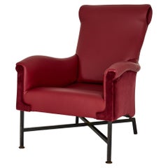 Sillón italiano de mediados de siglo de vinilo y terciopelo con base de hierro