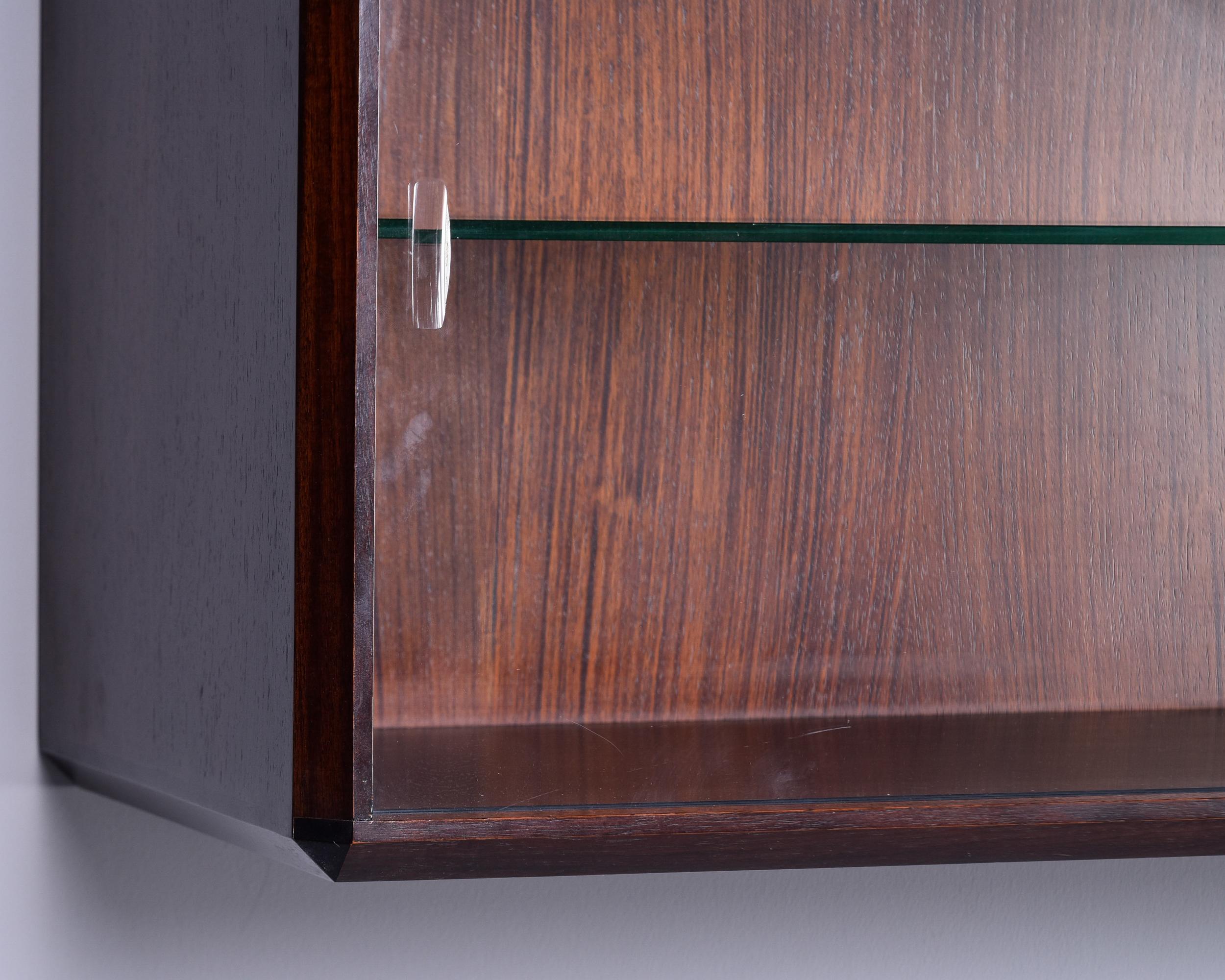 Italian Mid Century Wall Cabinet In Walnut with Glass Doors and Interior Shelves For Sale 1