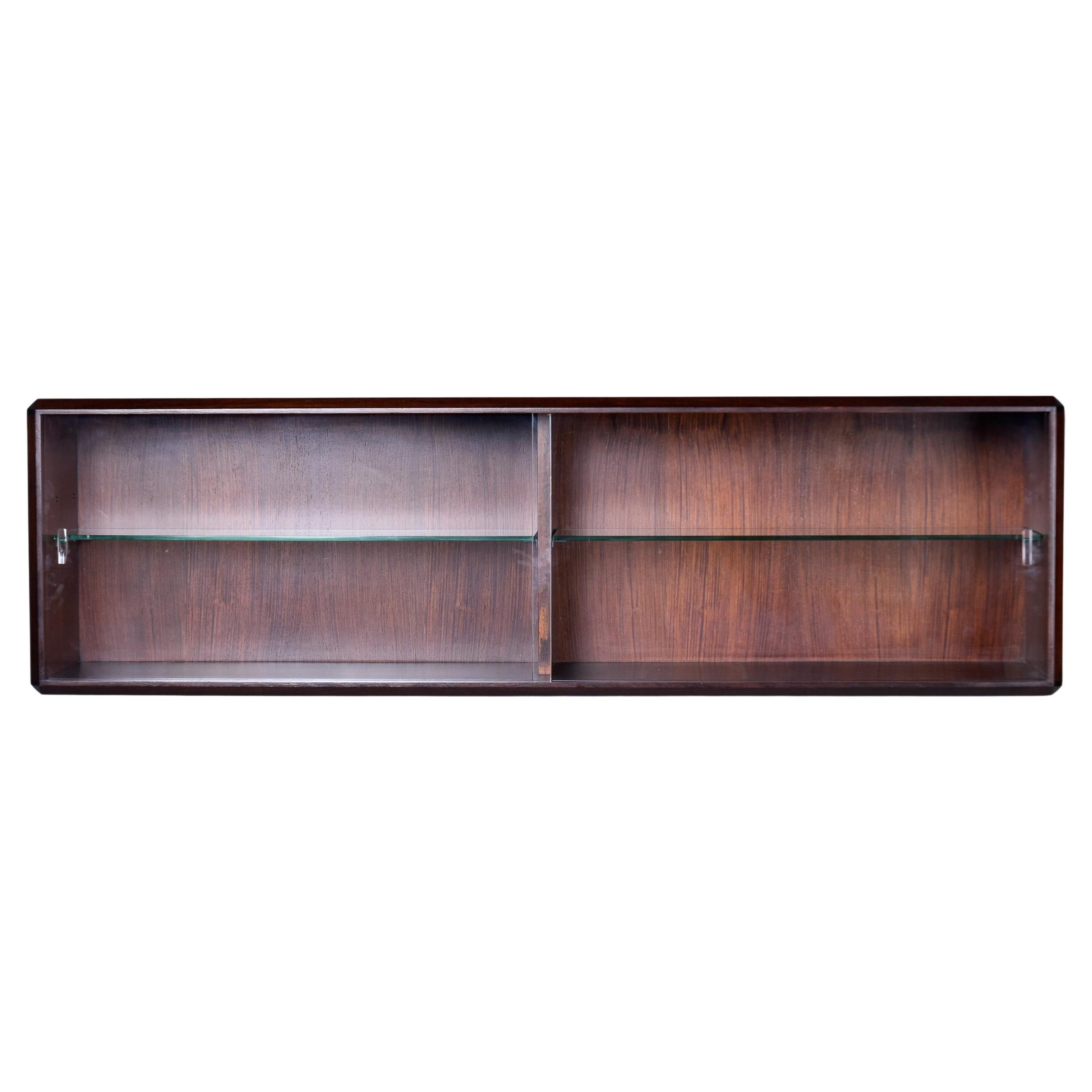 Italian Mid Century Wall Cabinet In Walnut with Glass Doors and Interior Shelves For Sale