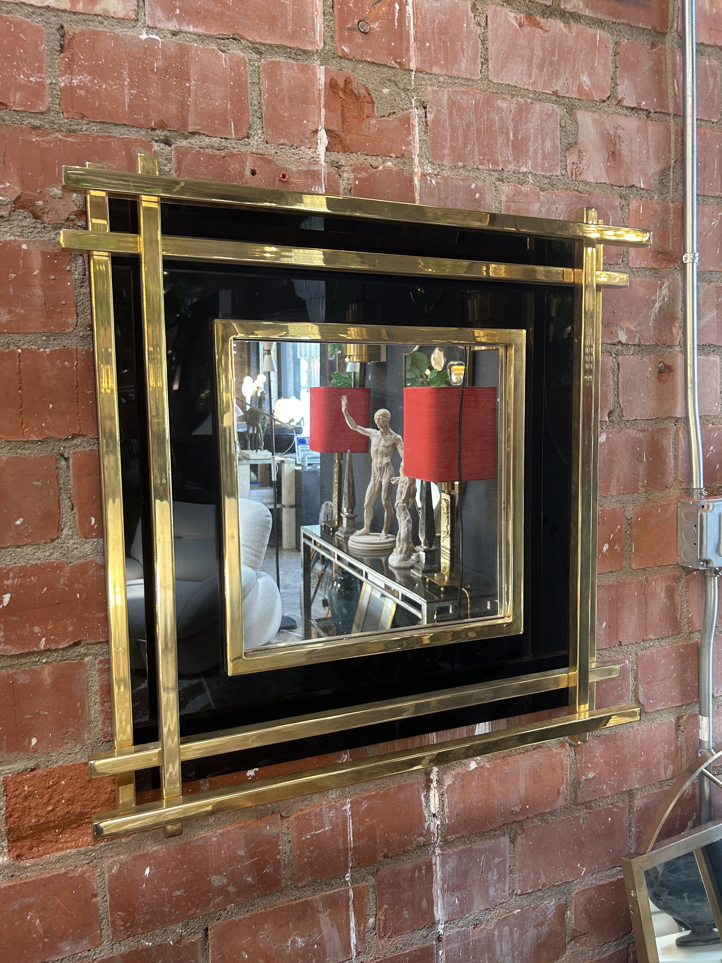 Modern Italian Mid-Century Wall Mirror Black & Brass, 1970s For Sale