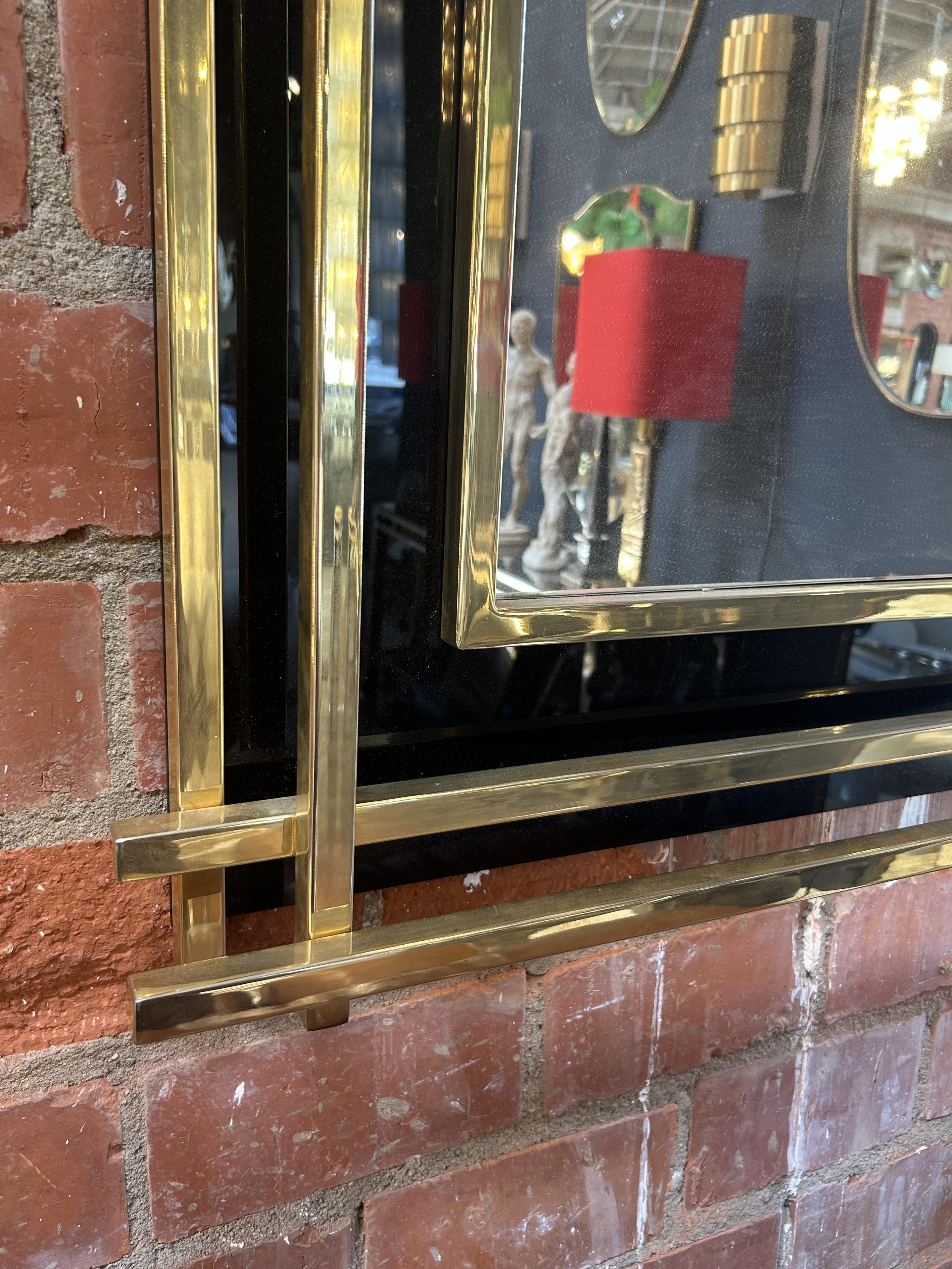 European Italian Mid-Century Wall Mirror Black & Brass, 1970s For Sale