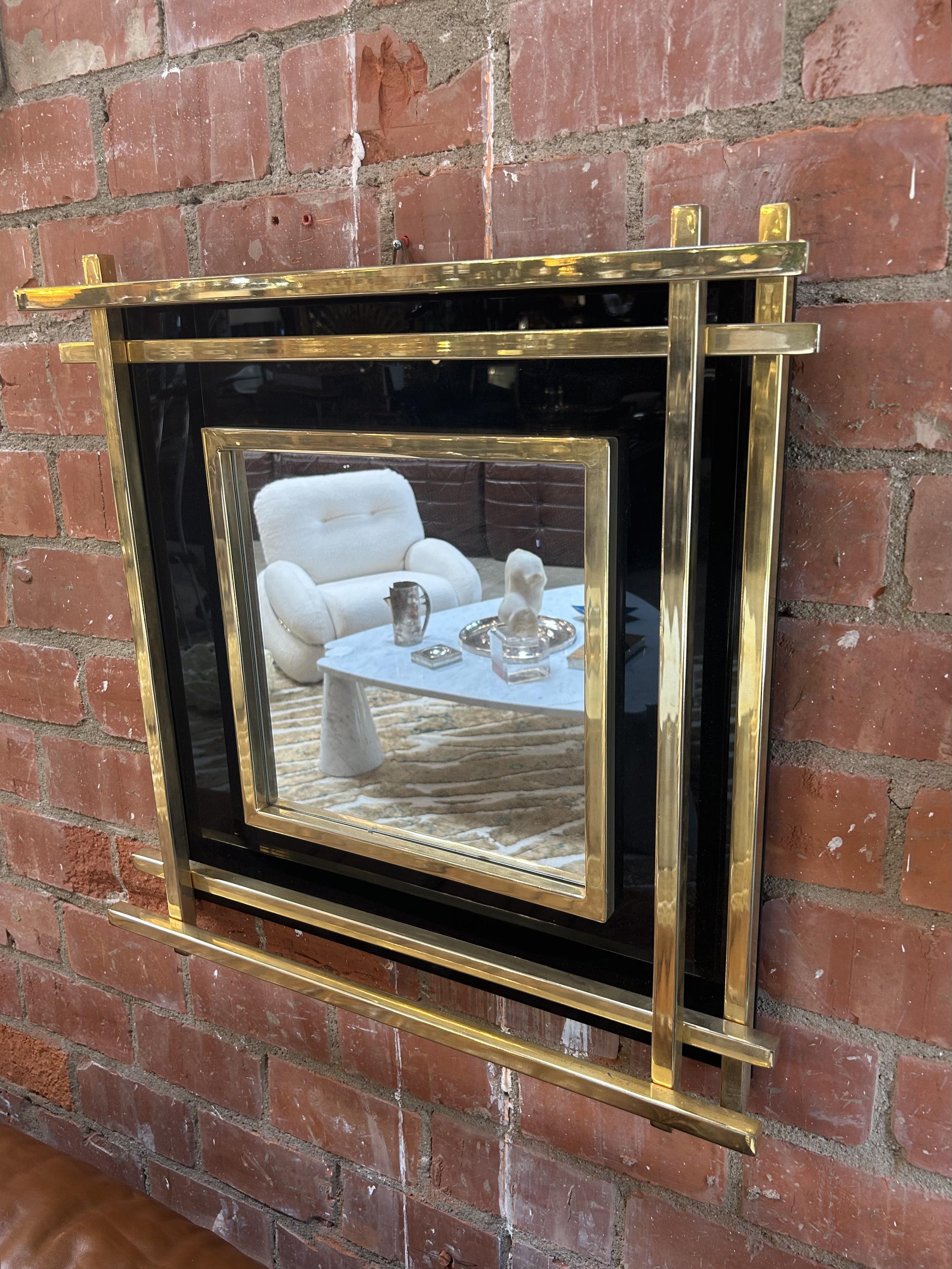 20th Century Italian Mid-Century Wall Mirror Black & Brass, 1970s For Sale