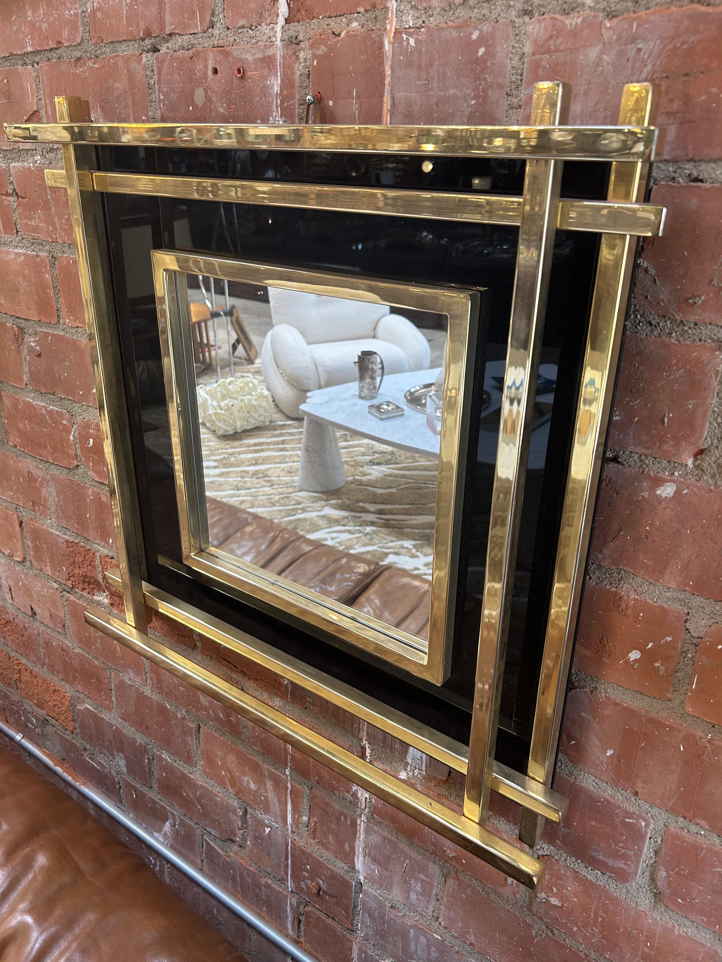 Italian Mid-Century Wall Mirror Black & Brass, 1970s For Sale 1