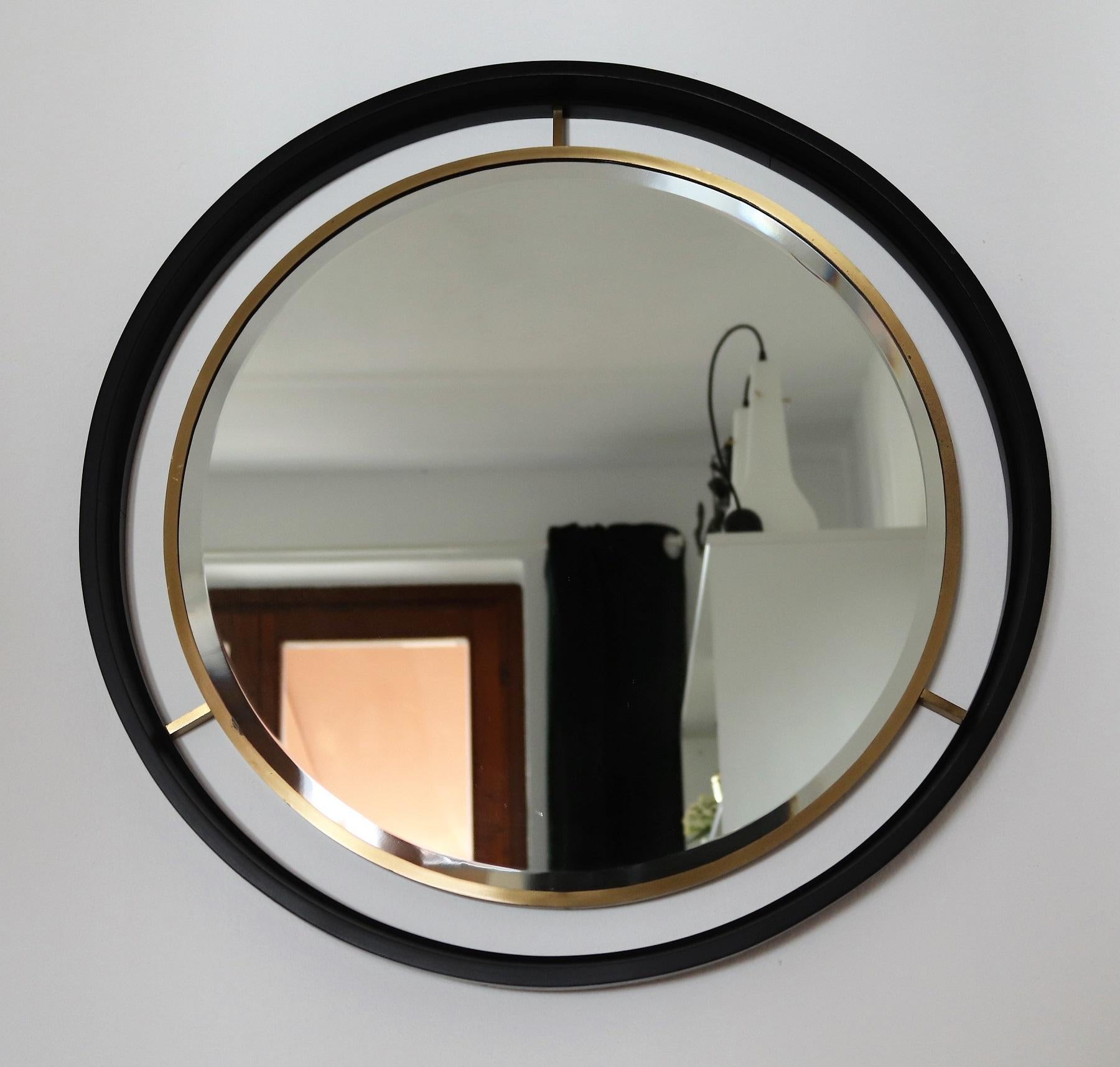 Varnished Italian Midcentury Wall Mirror with Cut Glass, Brass and Plywood Frame, 1960s