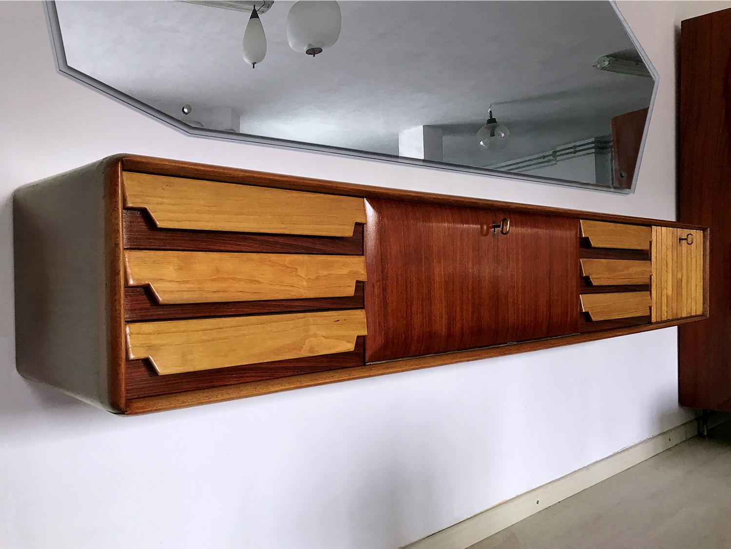 Italian Mid-Century Wall Mounted Sideboard with Drawers by Vittorio Dassi, 1950s 5