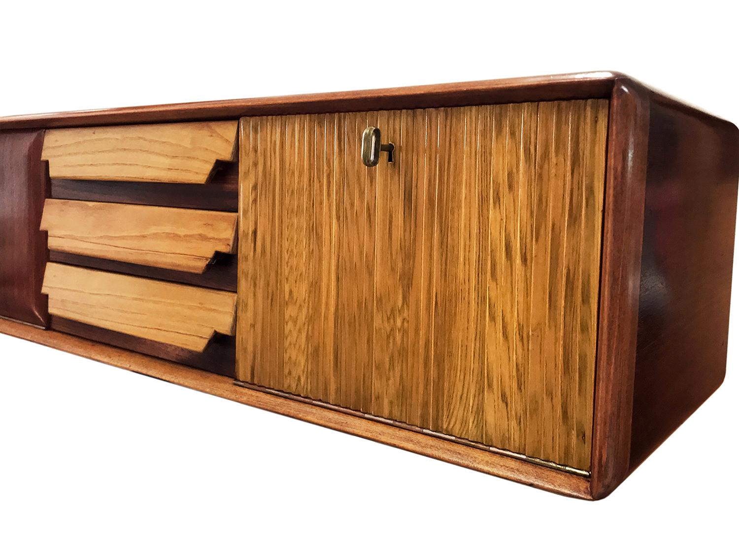 Teak Italian Mid-Century Wall Mounted Sideboard with Drawers by Vittorio Dassi, 1950s