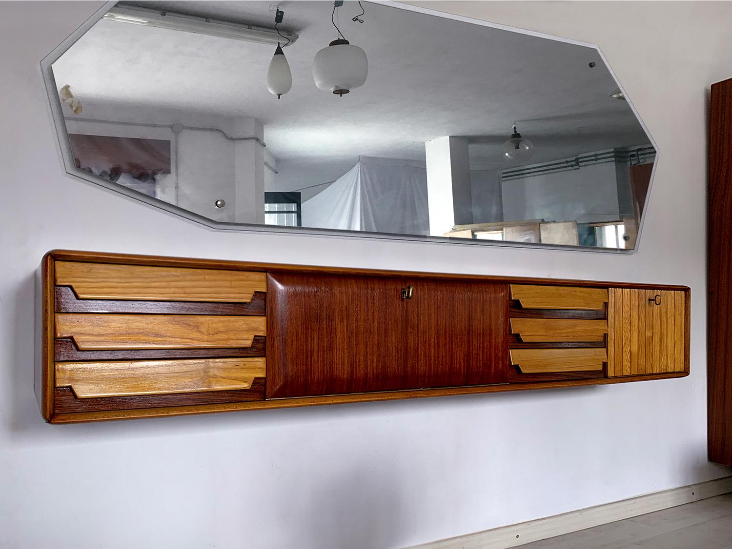 Italian Mid-Century Wall Mounted Sideboard with Drawers by Vittorio Dassi, 1950s 2