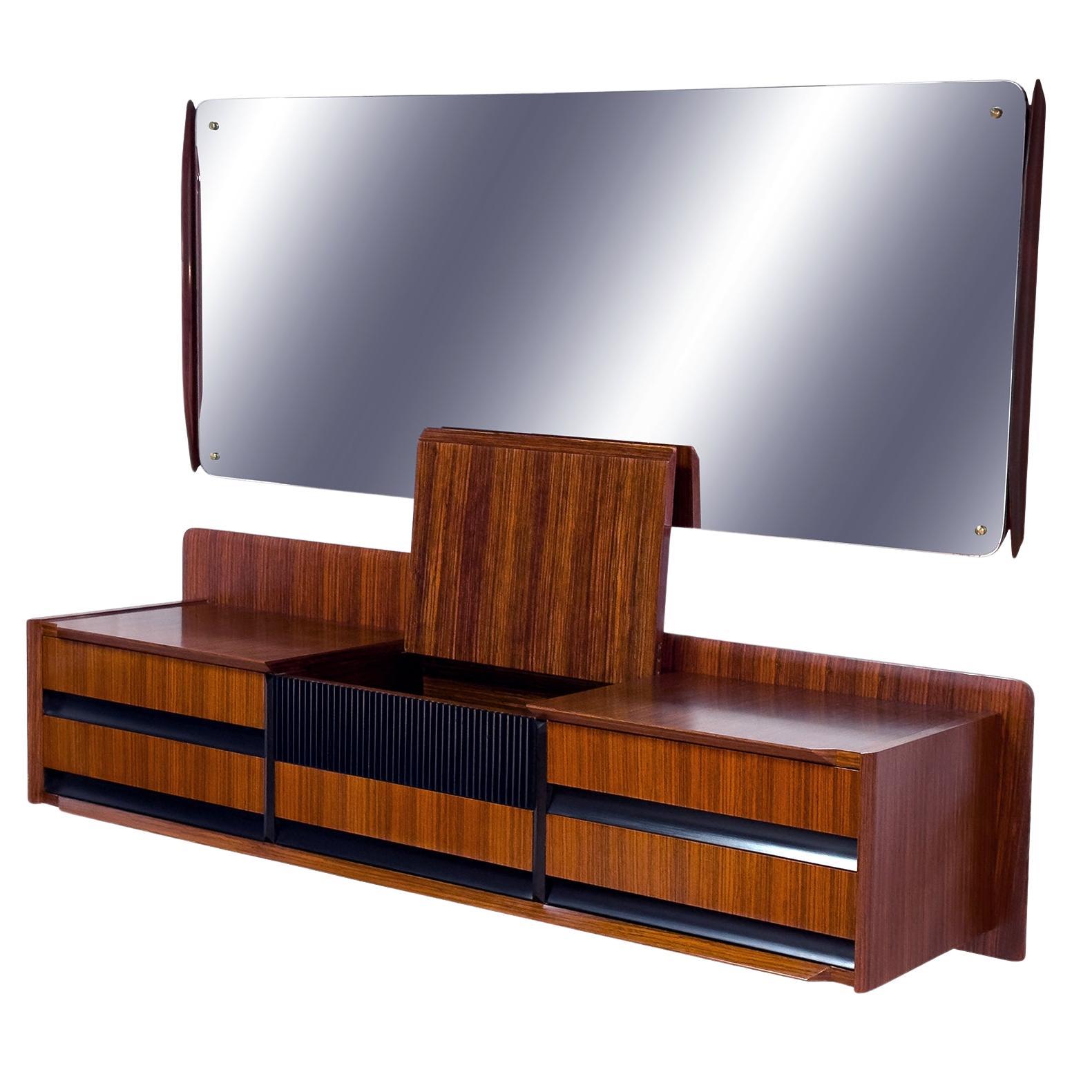 Italian Mid-Century wall mounted Sideboard with mirror by Vittorio Dassi, 1950s en venta