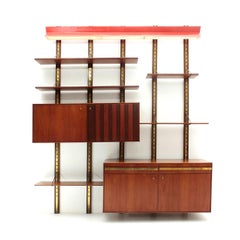 Italian Midcentury Wall Unit with Red Lamp, 1950s
