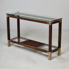 Italian Mid-Century Walnut & Brass Console Table with Glass Top