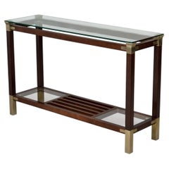 Italian Mid-Century Walnut & Brass Console Table with Glass Top