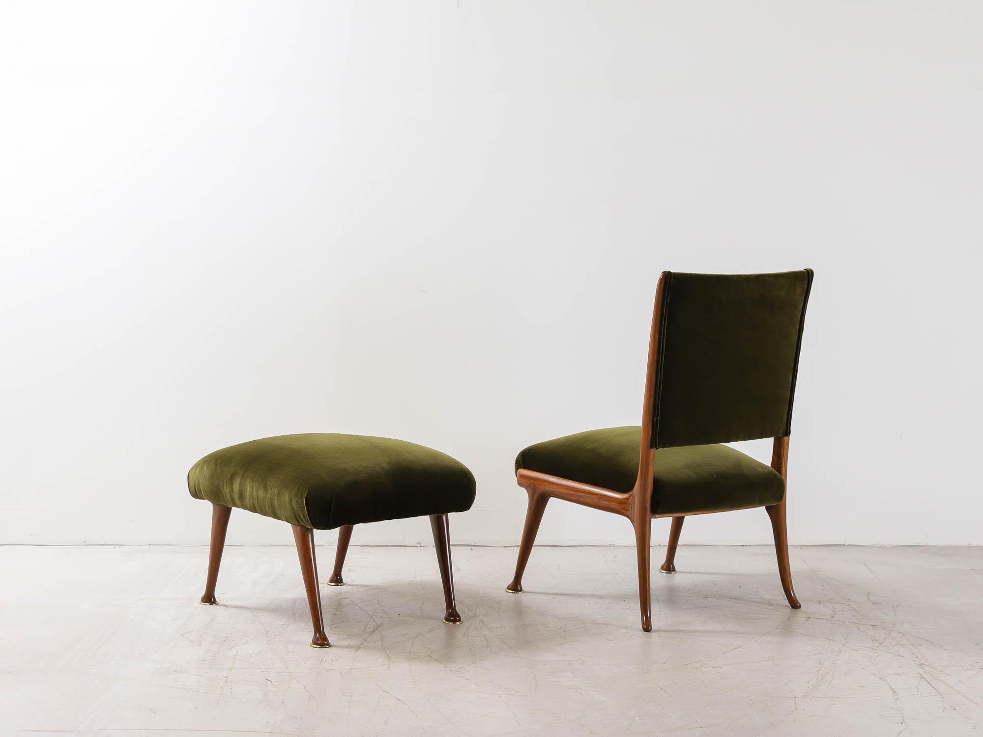 An Italian 1960s armchair and ottoman with walnut frames and brass details to the feet, upholstered in a moss green velvet.

CHAIR: D55 x W49.5 x H80 x SH37 cm

OTTOMAN: L60 x W45 x H40 cm