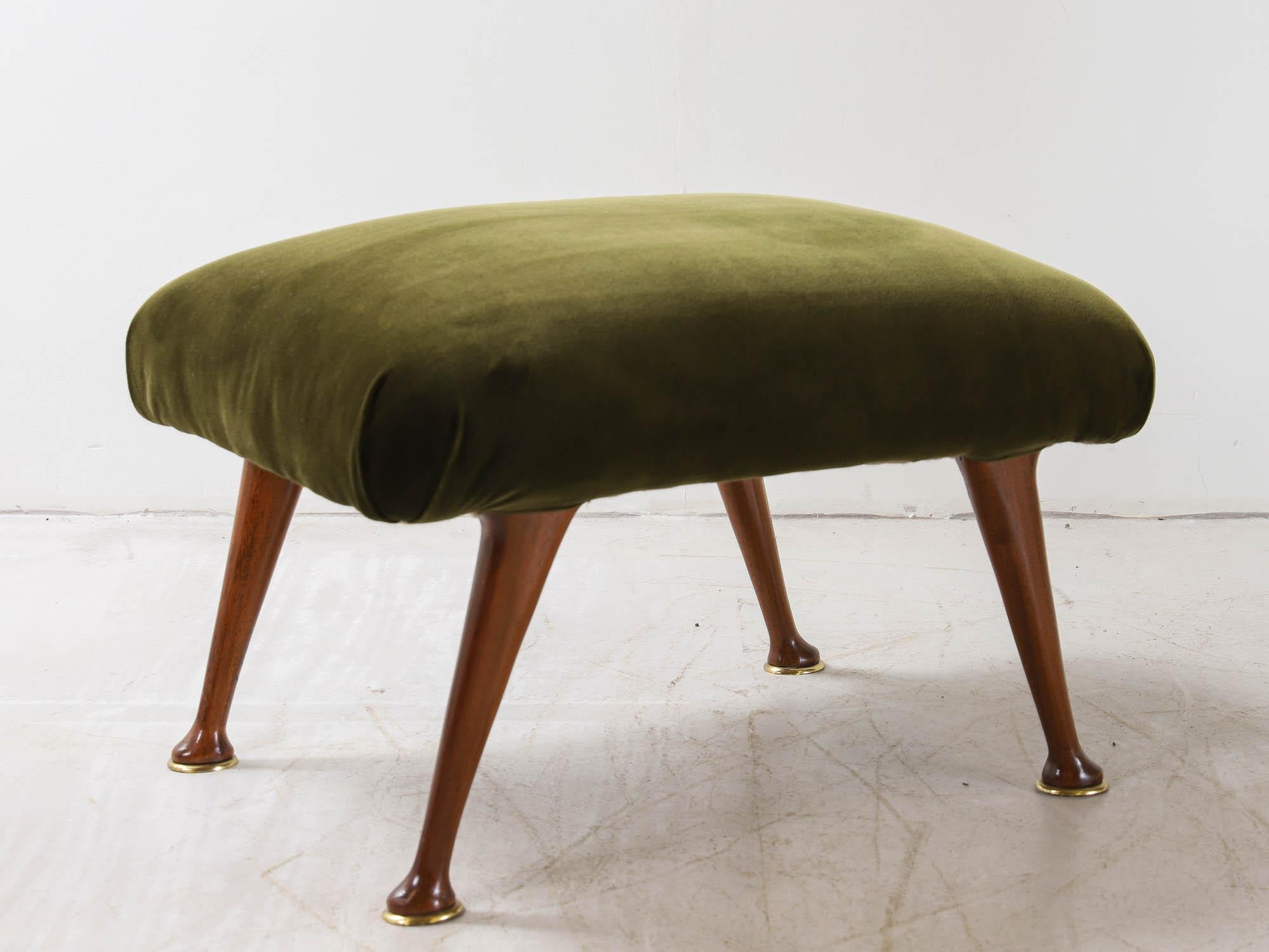 Velvet Italian Mid-Century Walnut Chair & Ottoman For Sale