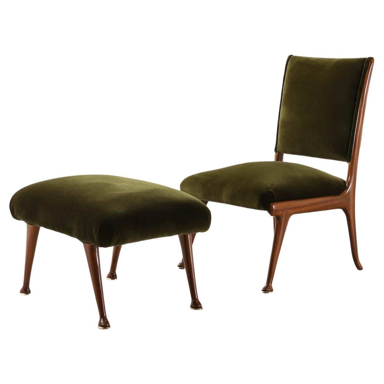 Italian Mid-Century Walnut Chair & Ottoman For Sale