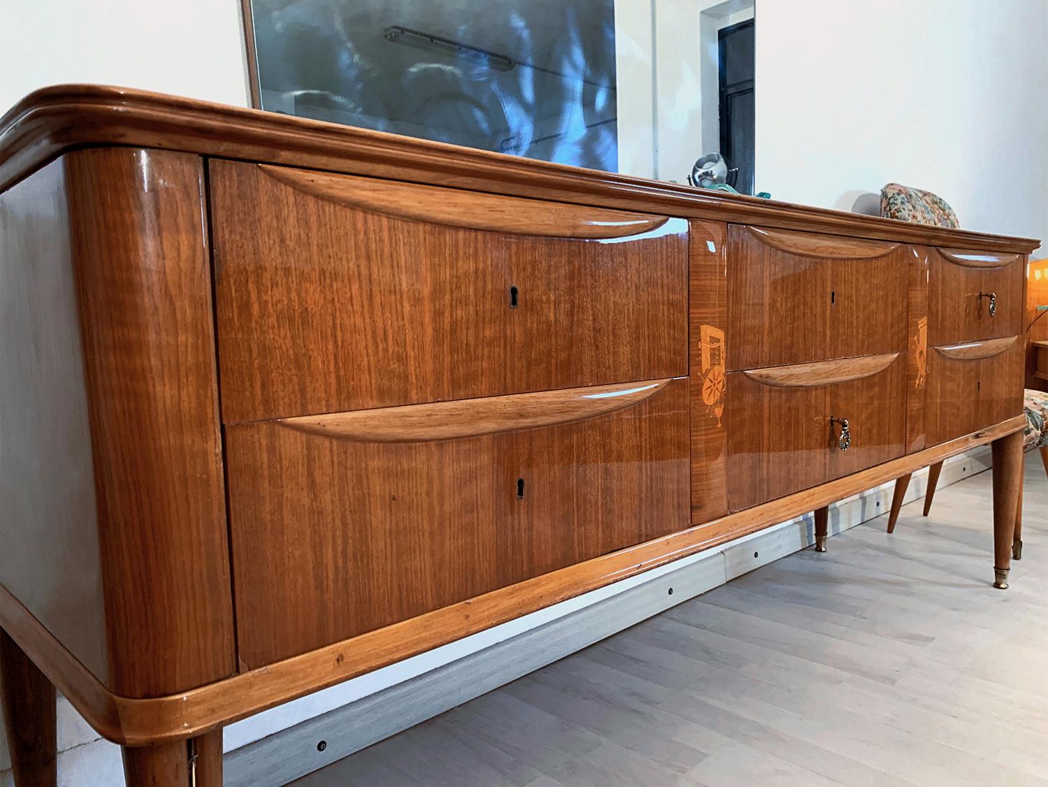 Paolo Buffa Mid-Century Walnut Chest of Drawers with Inlays and Mirror, 1950s For Sale 11