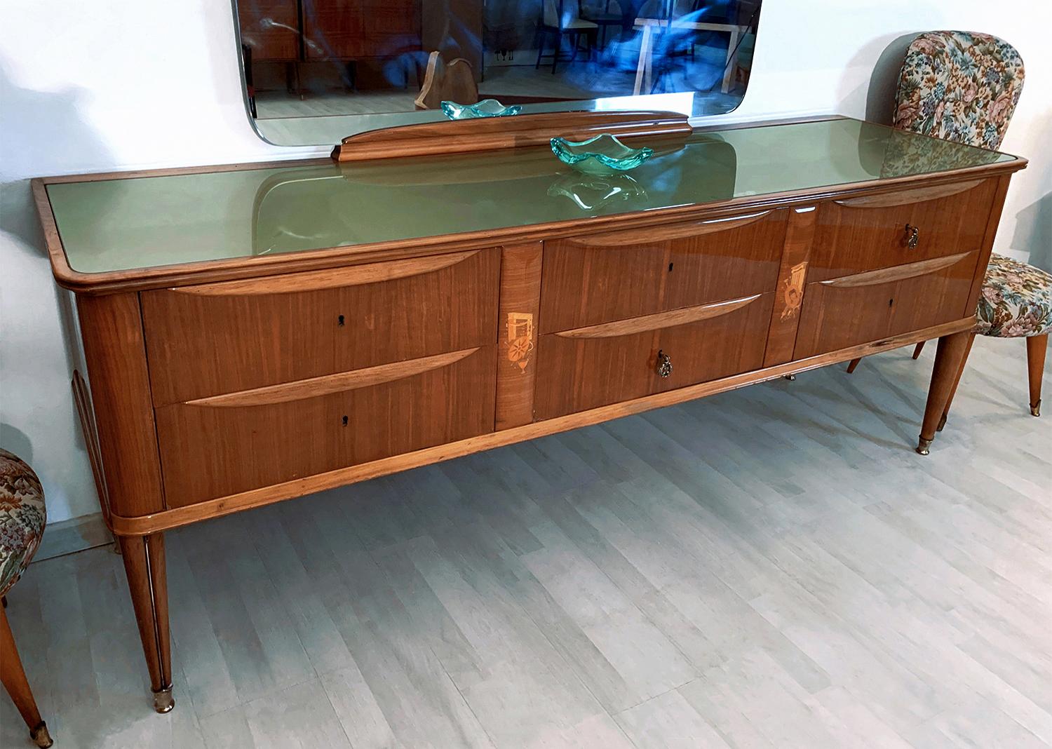 Mid-Century Modern Paolo Buffa Mid-Century Walnut Chest of Drawers with Inlays and Mirror, 1950s For Sale