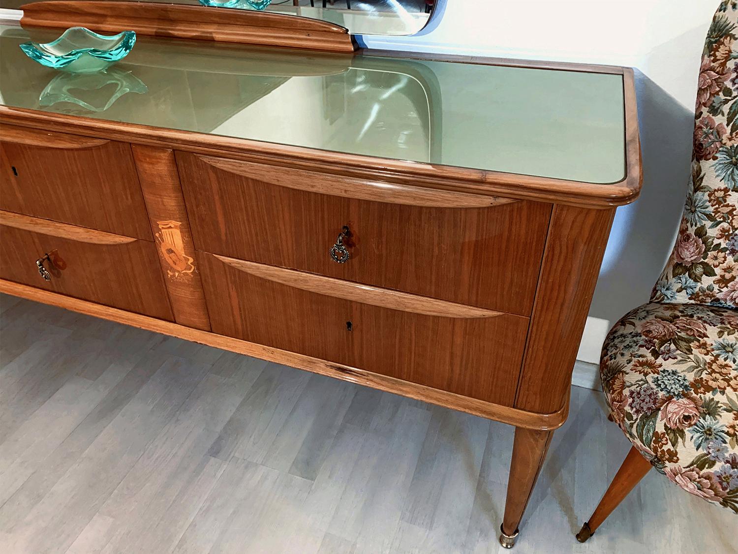 Brass Paolo Buffa Mid-Century Walnut Chest of Drawers with Inlays and Mirror, 1950s For Sale