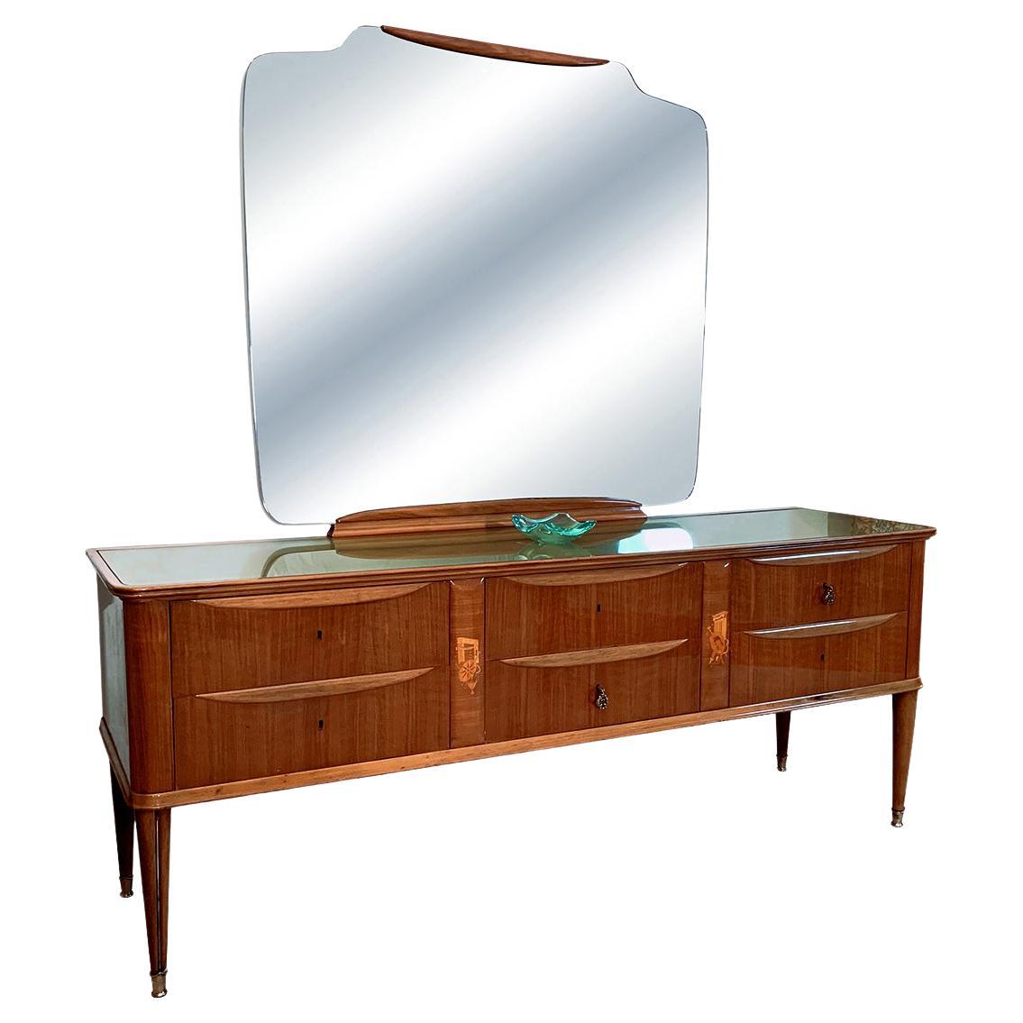 Paolo Buffa Mid-Century Walnut Chest of Drawers with Inlays and Mirror, 1950s