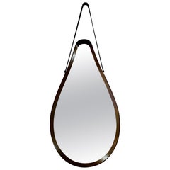 Italian Mid-century Walnut Frame & Leather Hanging Mirror