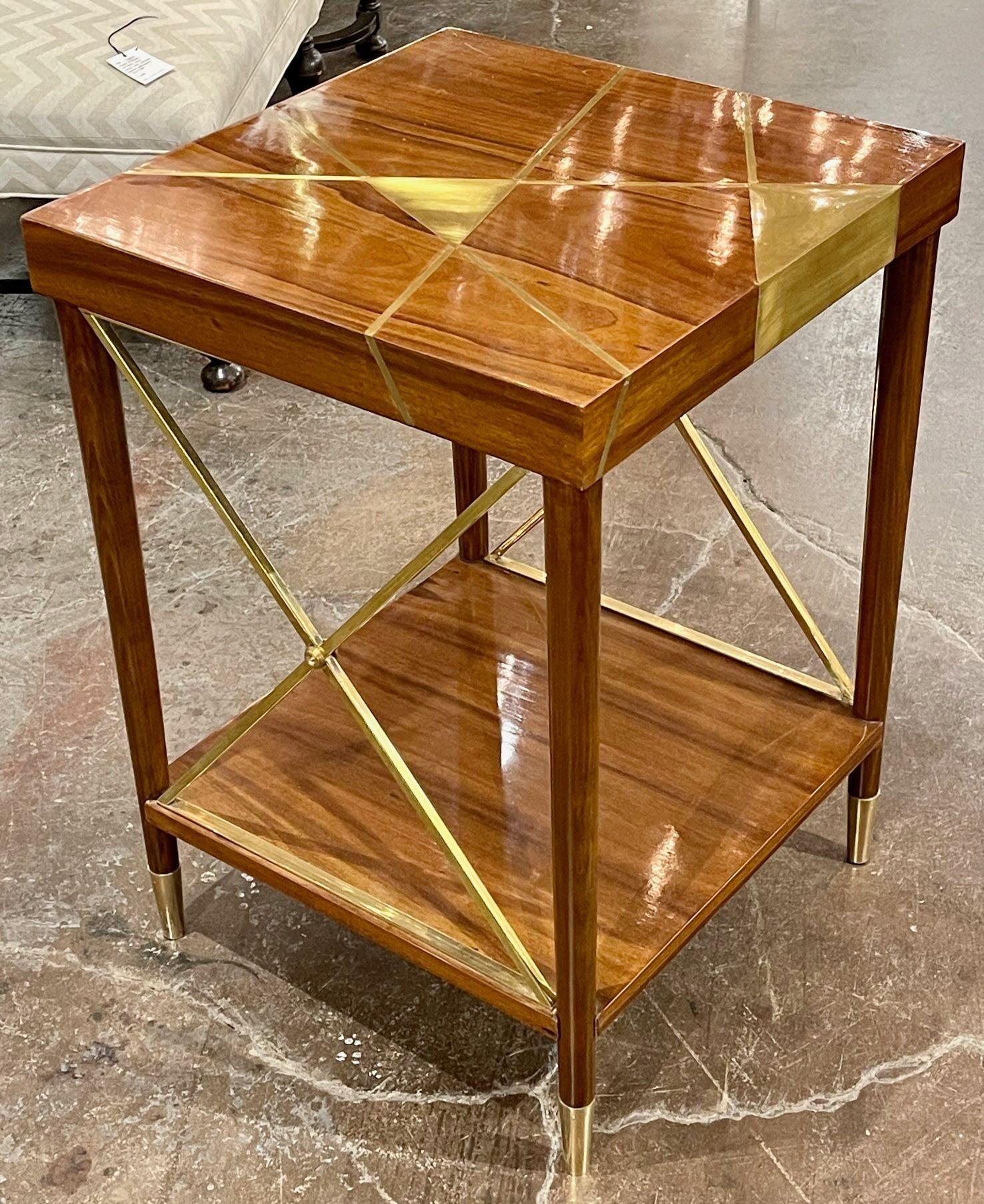 Vintage Italian mid-century modern walnut and brass inlaid side table. Circa 1960.  Perfect for today's transitional designs!