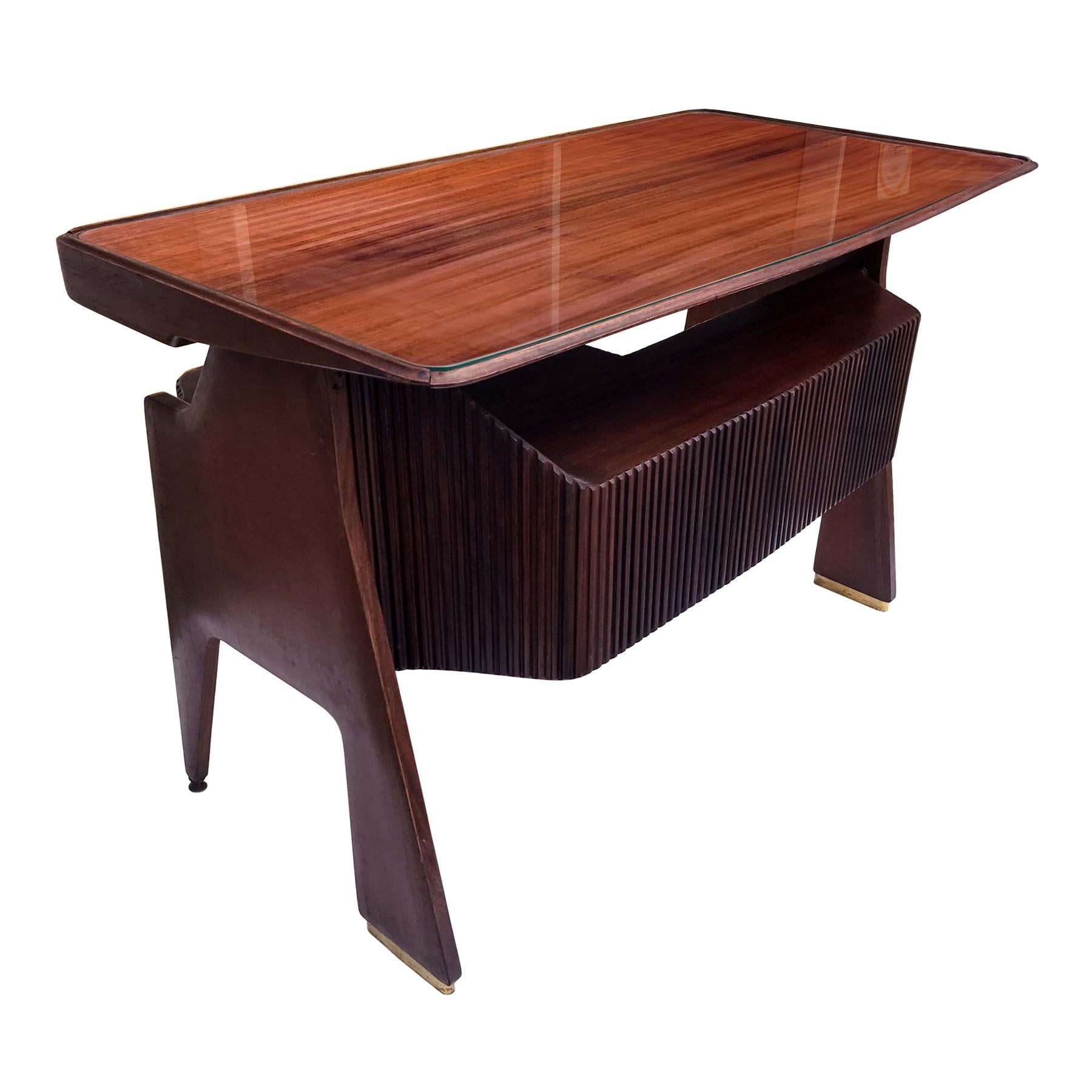 Brass Italian Mid-Century Walnut Writing Desk by Vittorio Dassi, 1950s