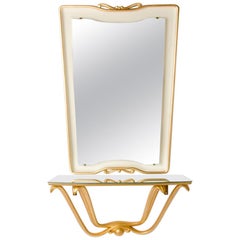 Italian Mid-Century White and Gold Painted Mirror and Console, Osvaldo Borsani