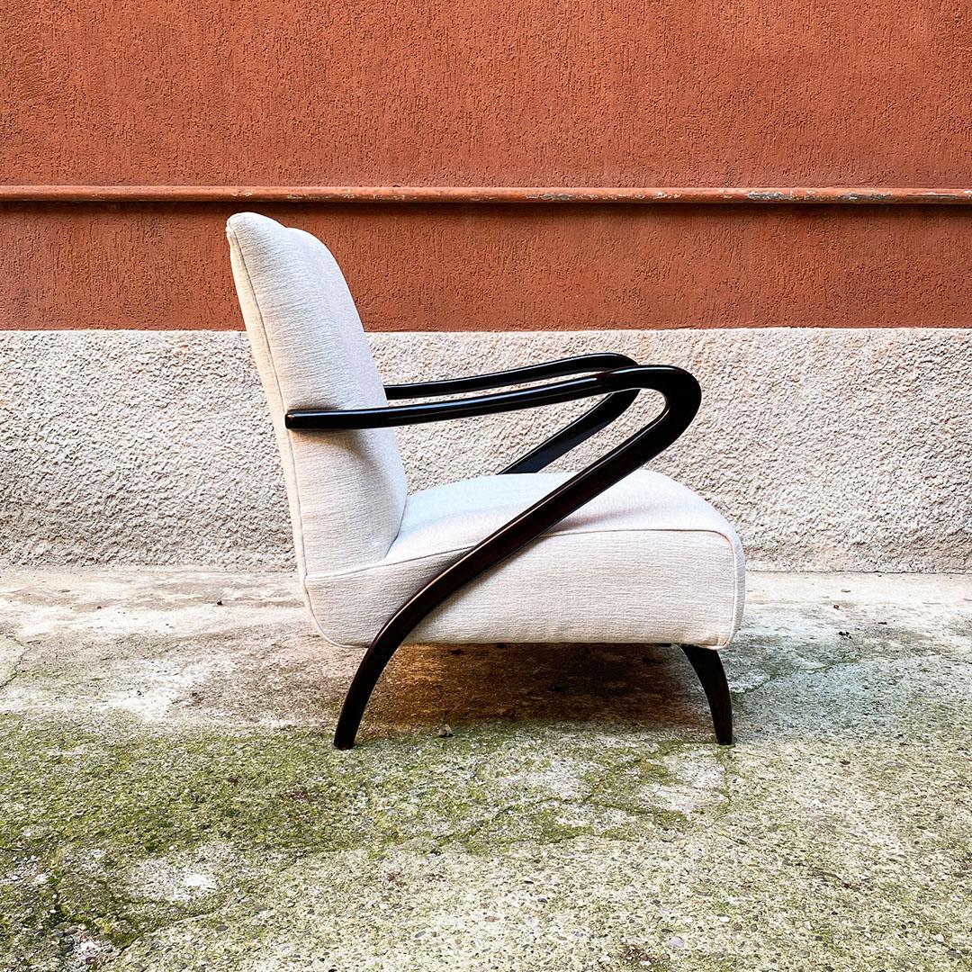 Mid-Century Modern Italian Mid Century White Cotton and Curved Wood Armchair with Armrests, 1950s
