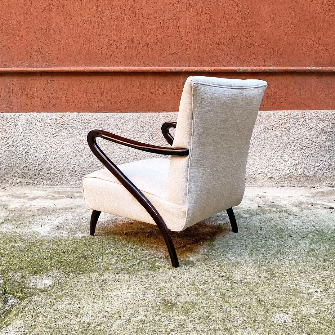 Mid-20th Century Italian Mid Century White Cotton and Curved Wood Armchair with Armrests, 1950s