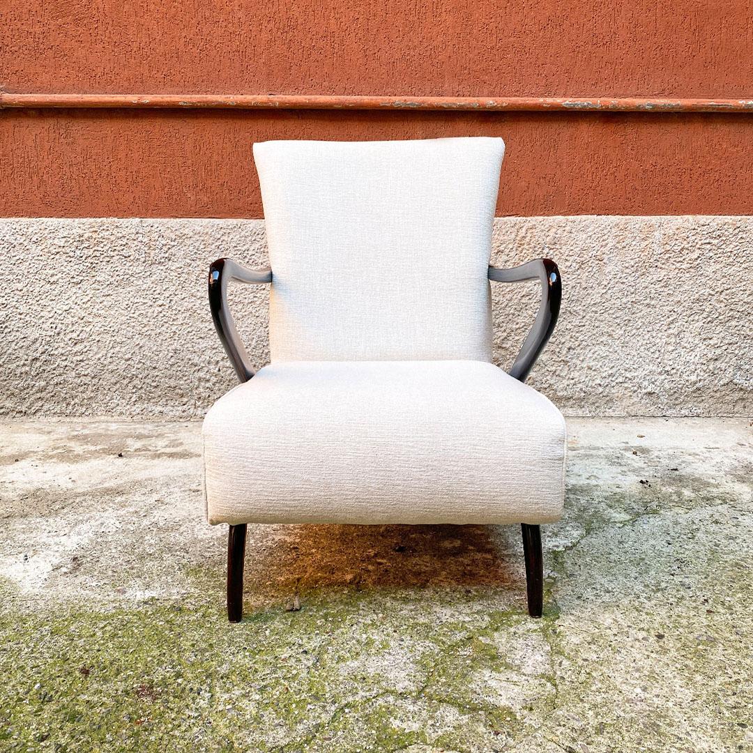 Velvet Italian Mid Century White Cotton and Curved Wood Armchair with Armrests, 1950s