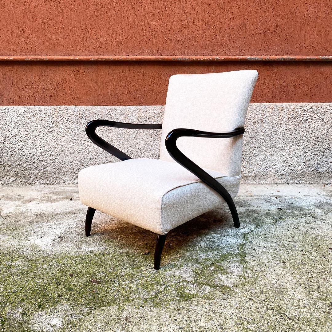 Italian Mid Century White Cotton and Curved Wood Armchair with Armrests, 1950s 1