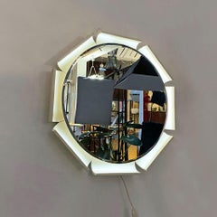 Italian Mid-Century White Cream Backlit Mirror with Octagonal Wood Frame, 1970s