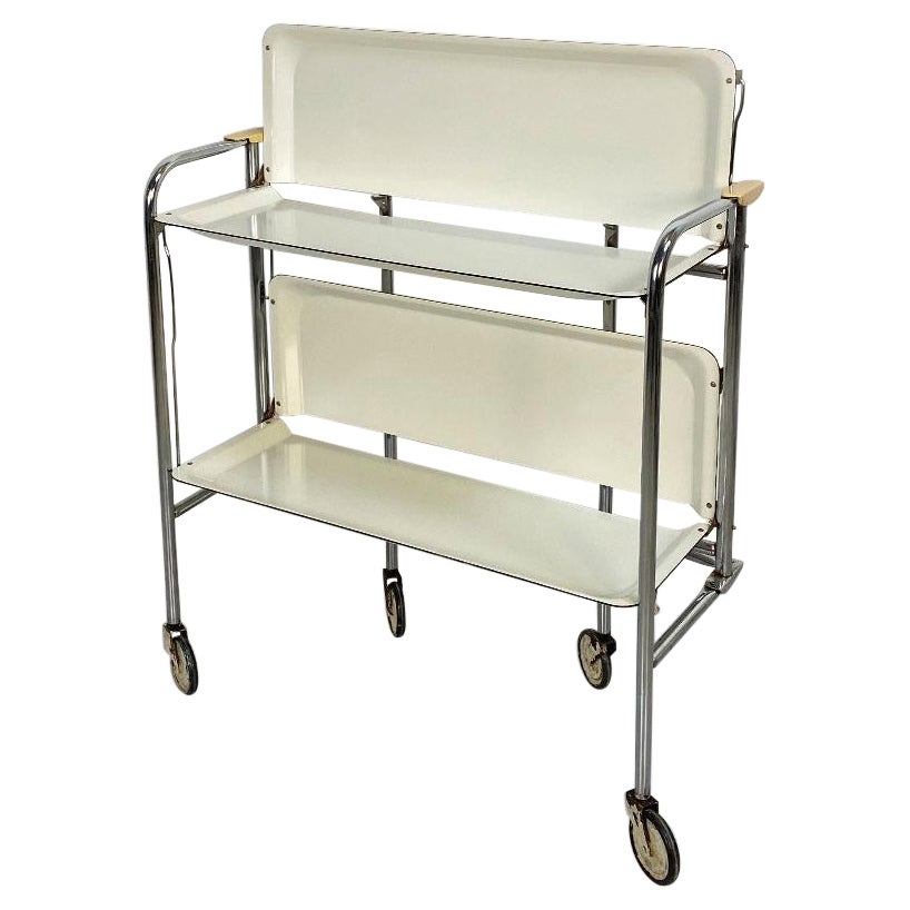 Italian Mid-Century White Cream Plastic and Metal Foldable Food Trolley, 1960s