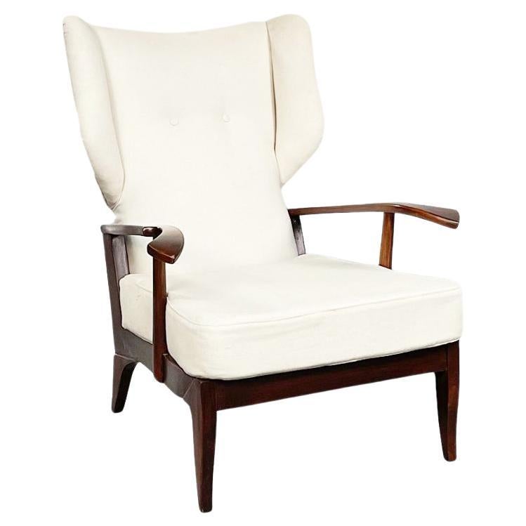 Italian Mid-Century White Fabric and Wooden Armchair by Paolo Buffa, 1950s