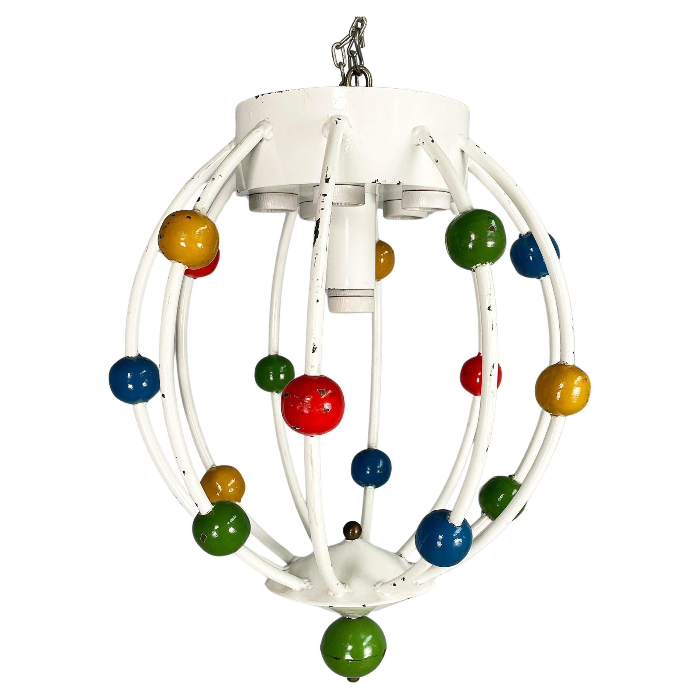 Italian mid-century White iron 5-light chandelier with colored spheres, 1940s