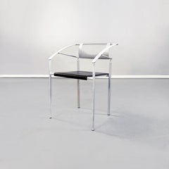 Italian Mid-Century White Iron Black Leather Carrè 'VI' Chairs by Fly Line, 1990