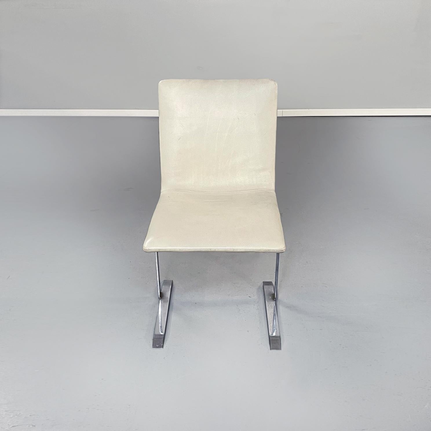 Mid-Century Modern Italian Mid-Century White Leather and Steel Chairs by Offredi for Saporiti, 1970s