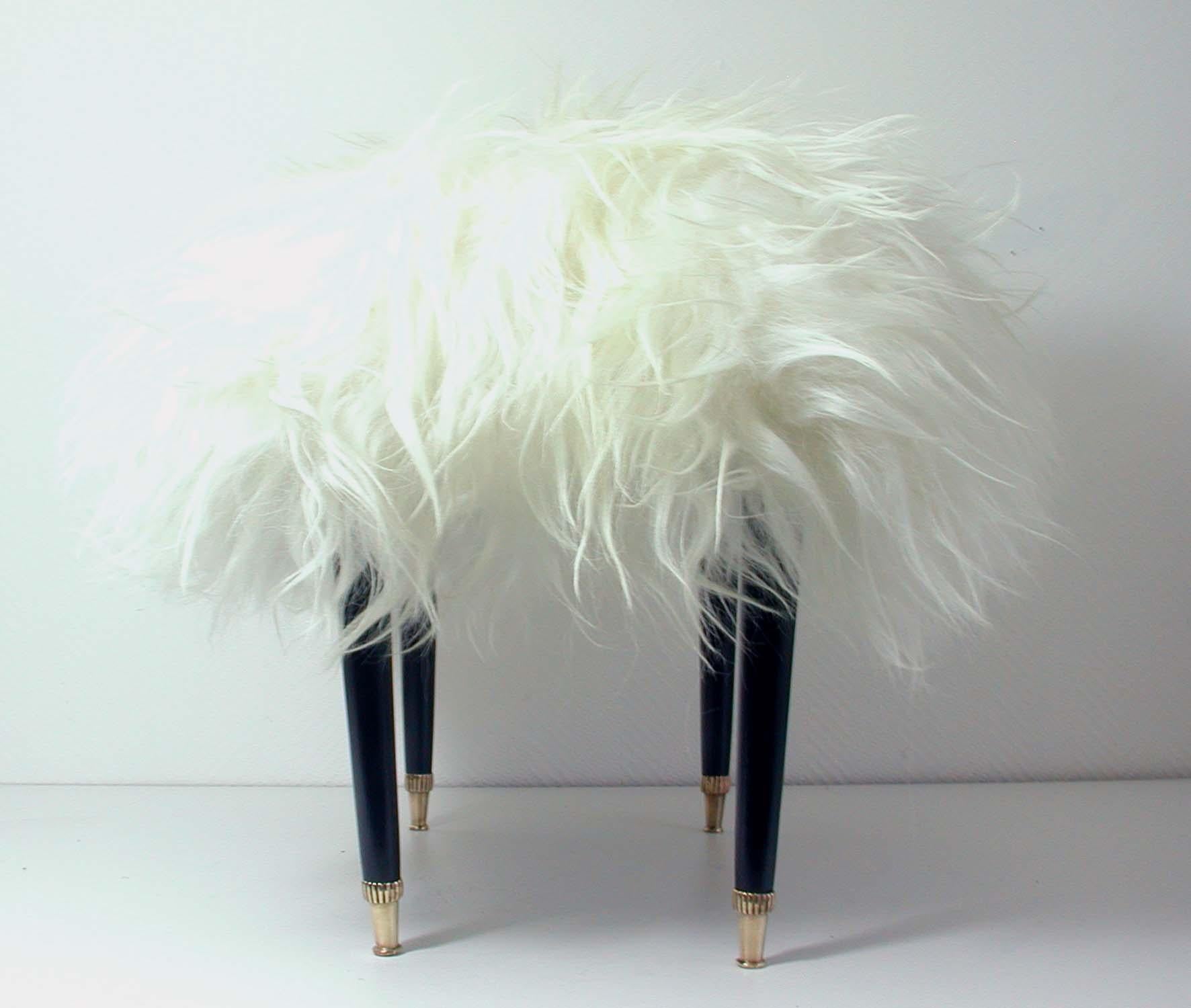 Lacquered Italian Midcentury White Long Hair Iceland Sheep Bench Stool, 1950s