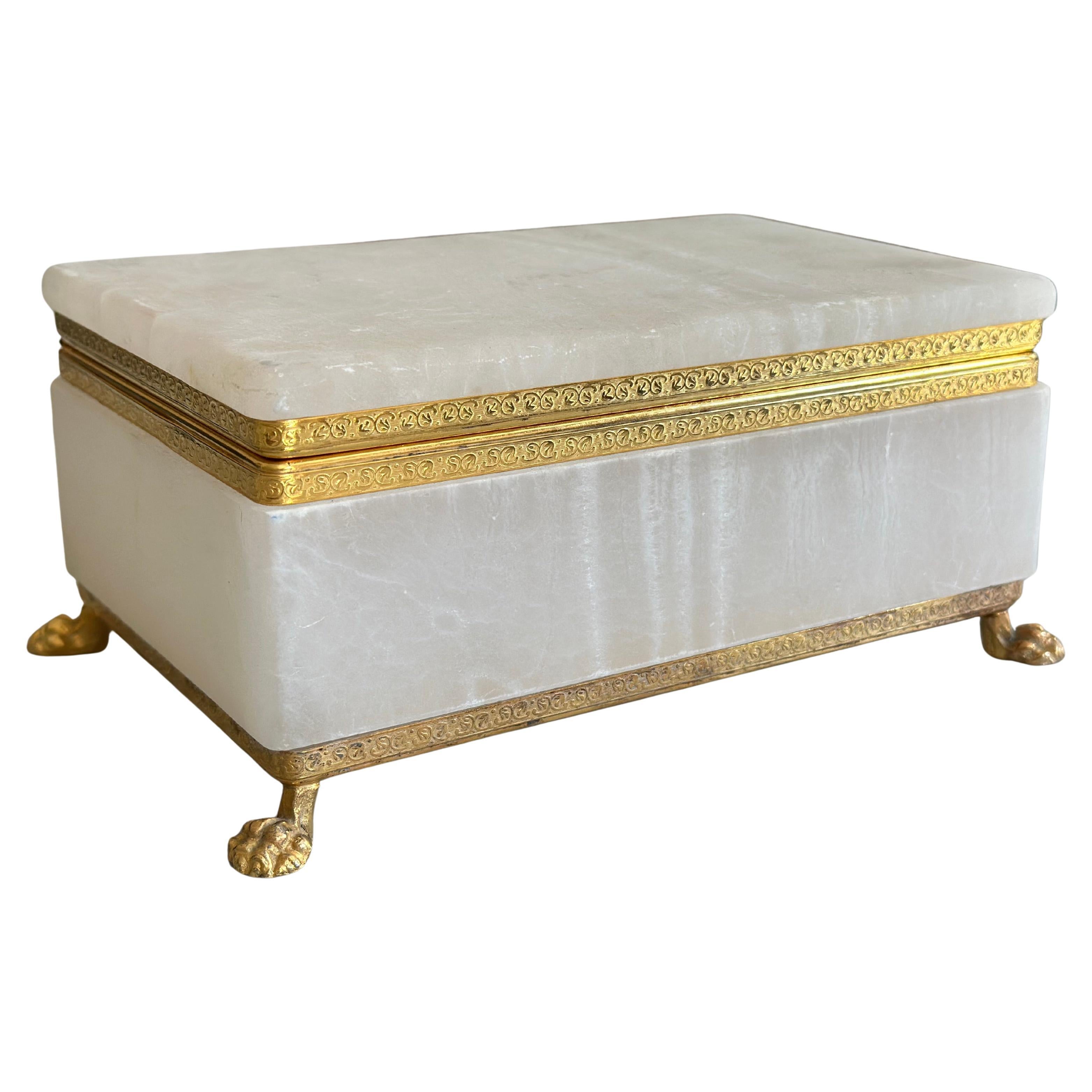 Italian Mid-Century White Marble Jewelry Box with Gilt Metal Mounts For Sale
