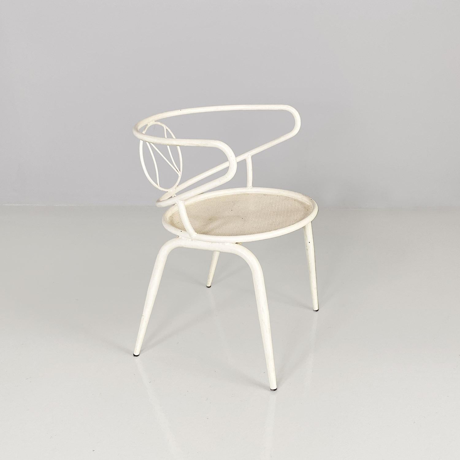 Italian mid century white metal outdoor chair with armrests, 1950s.
Outdoor chair with white enamelled metal structure, with armrests and micro-perforated seat, with an 
