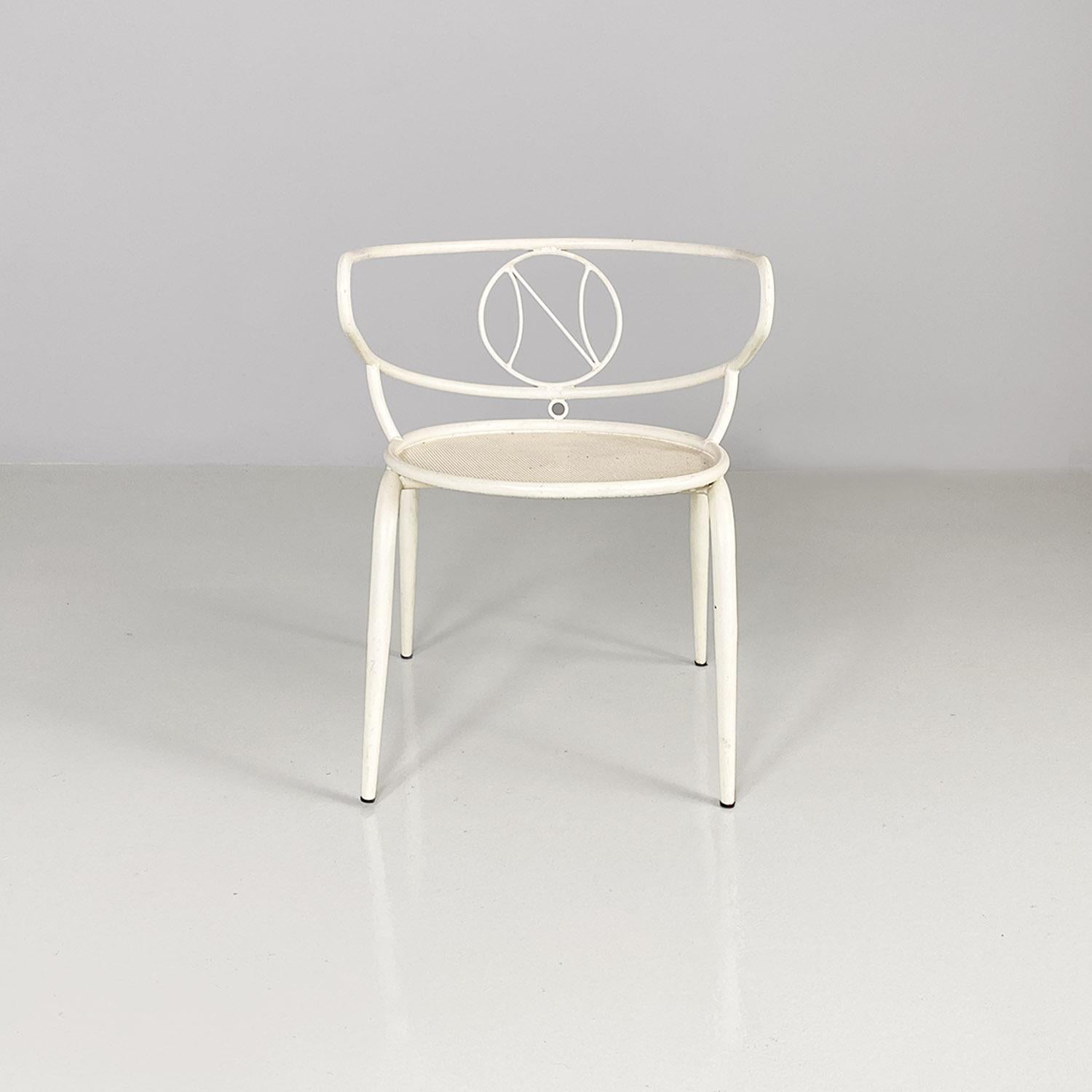 Enameled Italian mid century white metal outdoor chair with armrests, 1950s For Sale